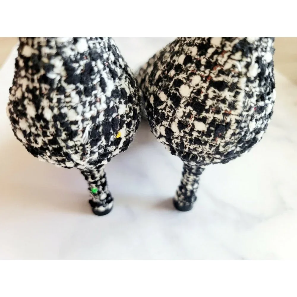 Zara Tweed Sequin Pointed Toe Black White Multicolor Slip On Shoes Heels 37 6.5_6